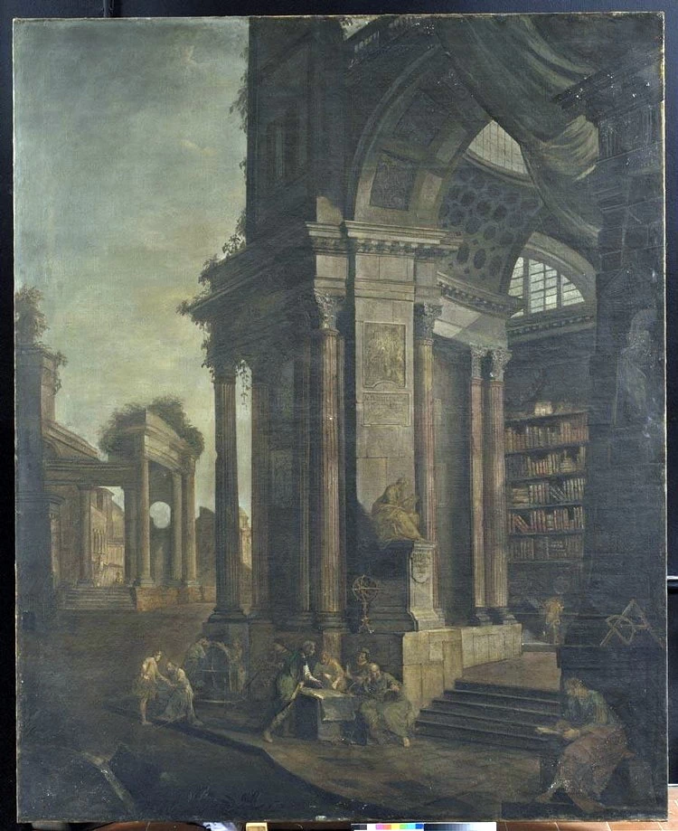 BOLOGNA VEDUTA FANTASTICA CON ANTICA BIBLIOTECA EFILOSOFI - attribuito